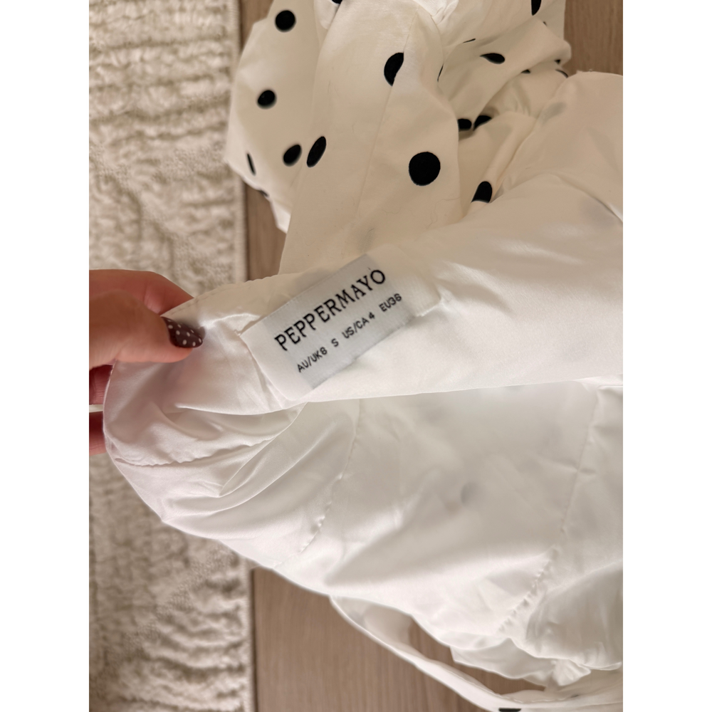 Peppermayo Endless romance off the shoulder White and Black Polka Dot Mini Dress - Picture 6 of 6